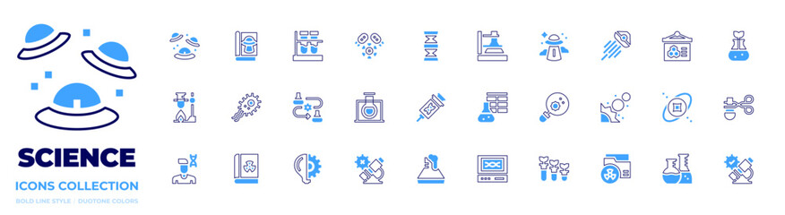 Science icon collection. Bold line style. Duotone colors. ufo, magazine, test tube, bacteria, dna, chemistry, presentation, gmo, lab, research, bioengineering