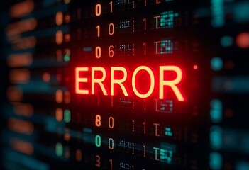 Glitched red error sign over binary code. Cyber alert concept with digital malfunction, software failure, system crash, and hacking warning. Ideal for tech security visuals.

