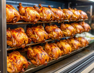 Dozens of perfectly roasted whole turkeys are lined up on multiple metal racks inside a commercial rotisserie oven, their golden-brown skins glistening under the warm lights.