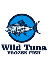 wild tuna fish in circle logo, silhouette of great swimming fish vector illustrations