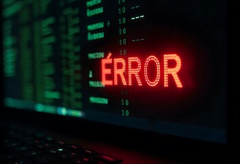 Glitched red error sign over binary code. Cyber alert concept with digital malfunction, software failure, system crash, and hacking warning. Ideal for tech security visuals.

