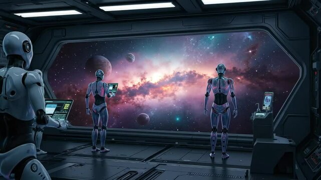 Three robots observing cosmic scenery from futuristic control room  