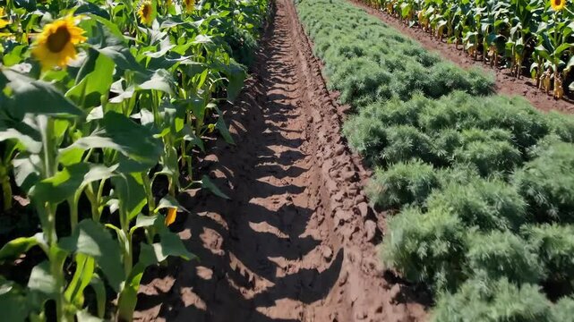 Verdant dill and radiant sunflowers growing in orderly rows, revealing lush agricultural landscape under bright golden sunlight