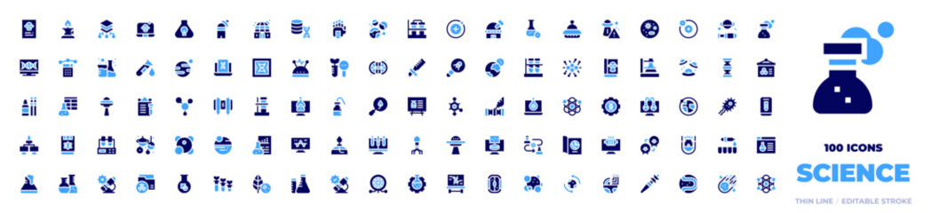 100 Science Icons Collection. Bold style. Duotone colors. ufo, laboratory, layers, laptop, innovation, observatory, dna, mechanical, planet, flask, proton, pc