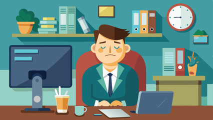 Sad Businessman Sitting at Desk with Laptop, Computer, Clock, and Bookshelves in Office