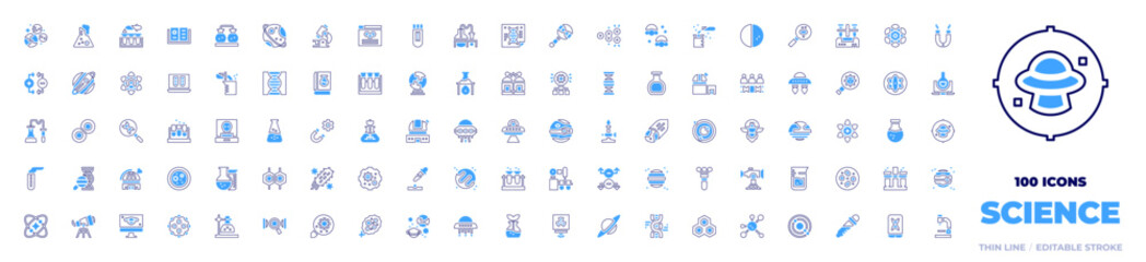 100 Science Icons Collection. Bold line style. Duotone colors. planets, flask, test tubes, chemistry, saturn, research, website, test tube, poster, search, jar, atom