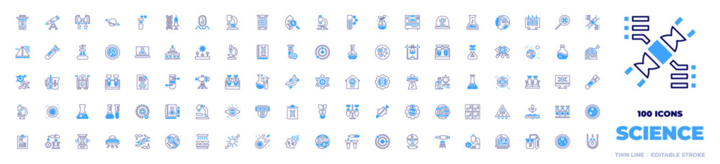 100 Science Icons Collection. Bold line style. Duotone colors. lectern, telescope, jet pack, planet, chemical, genetic engineering, bacteria, microscope, lab