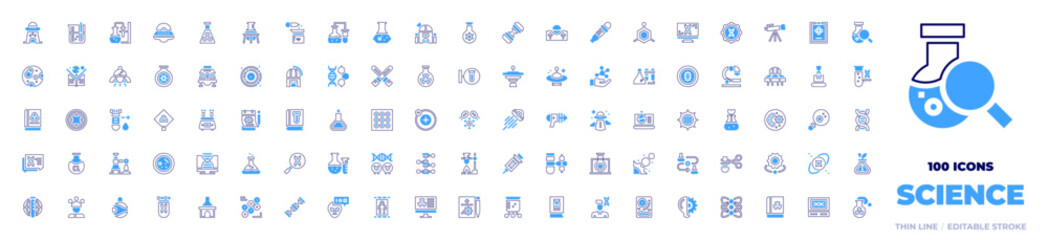 100 Science Icons Collection. Bold line style. Duotone colors. abduction, beaker, chemistry, ufo, sulphite, laboratory, lab, research, observatory, dna, float, flask