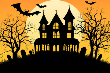 Spooky Halloween Haunted House Silhouette With Bats And Moon