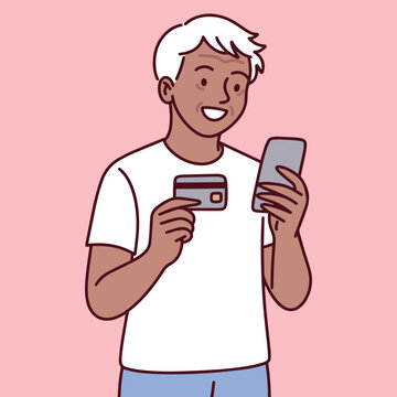Illustration of a cheerful seniour old man using a credit card and smartphone, representing secure digital payment, e-commerce shopping or mobile banking