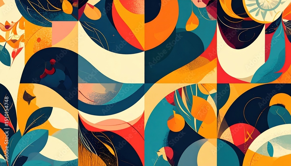 Poster dynamic abstract art composition showcasing colorful shapes and patterns in a modern design environm