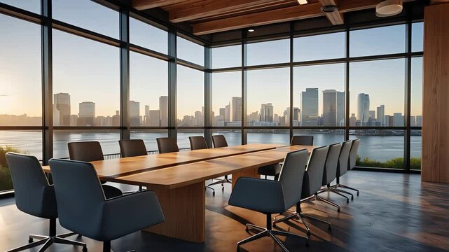 Modern conference room with large wooden table, swivel chairs, floor-to-ceiling windows, and city skyline at sunset in the background

