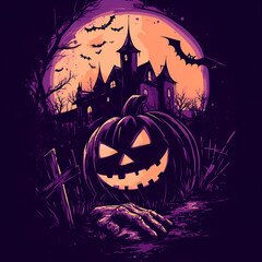 Spooky Halloween Pumpkin And Haunted House Moonlit Night