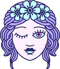 tattoo in traditional style of a maidens face winking