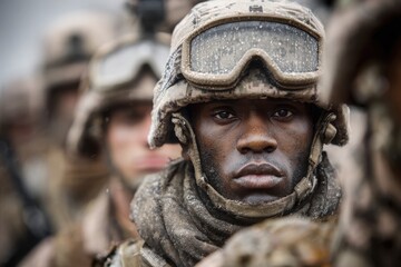 African American Soldier with Helmet and Goggles, Camouflage Gear, Outdoor Military Operation, Neutral Tones