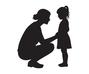 Two vector images of a woman and a child. A little girl stands ahead of her mother, who is crouching down. White background
