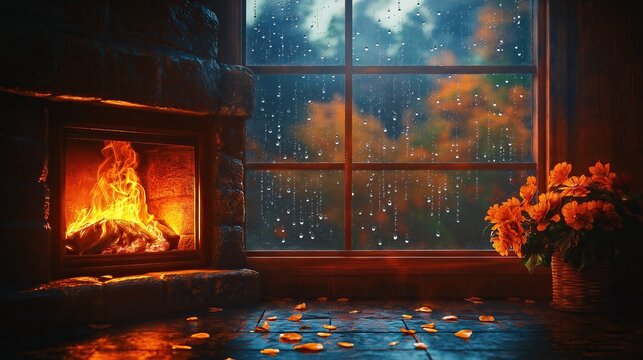 Illustration of a room with a window covered in rain and a fireplace burning
