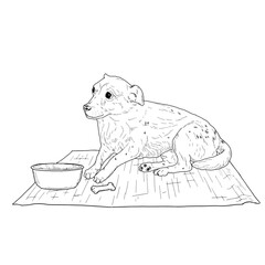 A small pet dog is lying on a mat, next to a bowl and a bone, a black and white ink sketch. Vector illustration. A lap dog, a puppy, isolated on a white background. The drawing is made in simple style