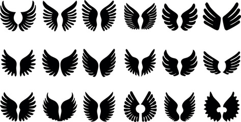 Set of black wings icons featuring bird and angel wings in various shapes. Perfect for logos, tattoos, and design elements.