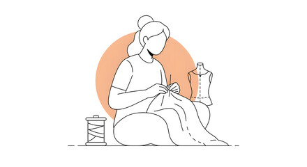 Illustration of a woman sewing a dress with sewing tools and mannequin in soft minimal style