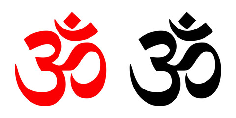 Om symbol illustration in red and black colors on white background. Spiritual, sacred symbol for meditation, yoga, and Indian culture. Available in high resolution.