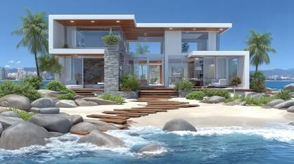 Fototapeta premium Modern Beachfront House Luxury Oceanfront Villa Tropical Island Home Design