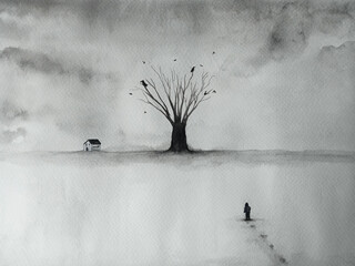 A man walks home through trees and crows in winter.
