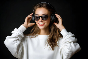Smiling woman wearing headphones and sunglasses listening to music.