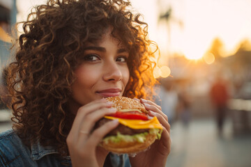 Young woman enjoying cheeseburger outdoors on sunny day.