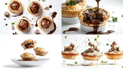 Four close-up shots showcase savory mini meat pies with rich brown gravy, some mid-air, others in ramekins, accented by herbs and dark chocolate pieces