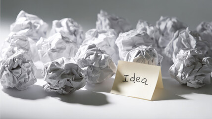 A single yellow sticky note with the word "Idea" written on it rests amidst a pile of crumpled white paper balls.