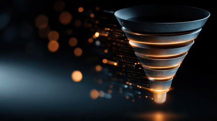 A futuristic funnel shape with glowing lights and a dark background, representing data funnel.