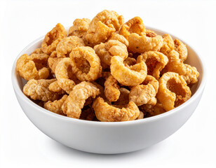 A white ceramic bowl is filled with crispy, golden-brown fried chicharrones, each piece puffed and crunchy, offering a savory and satisfying snack experience.