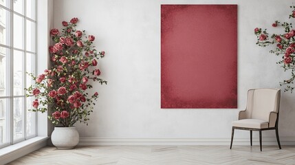Elegant interior featuring roses, textured art and a comfortable chair in a serene setting
