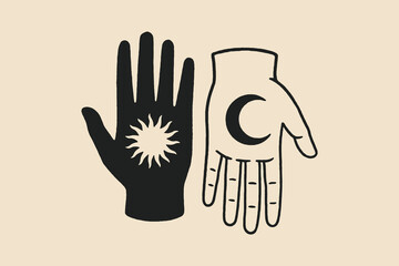 Sun and moon hands mystical minimal vector illustration

