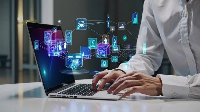 Laptop interface of social network connectivity : A person connecting with each other via interface on laptop.