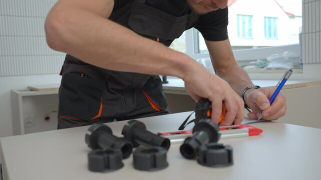 Man measuring furniture part during assembly kitchen cabinets, using measuring tape, tools and plastic furniture legs