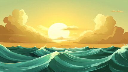 Tranquil ocean view with calm waves under golden sunset, minimalist seascape with copy space, conveying peace, relaxation and freedom of coastal life.