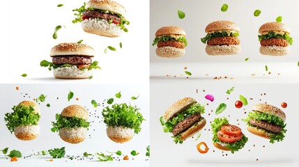 A collage showcases various burgers in dynamic poses, some mid-air with falling ingredients like 