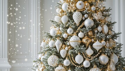 Festive Christmas Tree with White and Gold Decorations against a White Background	

