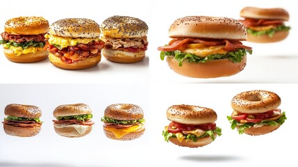 Four bagel sandwiches, three in-focus and one out-of-focus, arranged in a grid, levitating and positioned 