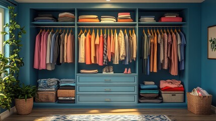 Organized walk-in closet with vibrant clothes
