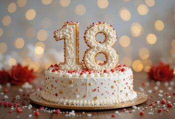 White mastic cake on a light white bokeh background with the number 18