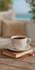 Fototapeta premium Cozy Autumn Morning Coffee Book Glasses on Wooden Table