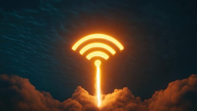 Glowing orange wifi symbol rising like rocket through clouds at night, wireless signal glowing above dark sky, symbolizing fast internet connection, technology innovation, and cloud connectivity