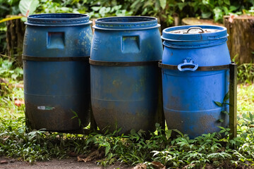 Blue Plastic Barrel. Garbage bins in natural park, Indonesia. Waste bins made from used drums in...