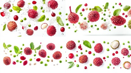 Four vibrant close-up images showcase lychees, their peeled segments, green peas, and red berries, artfully arranged against a clean white background; some 
