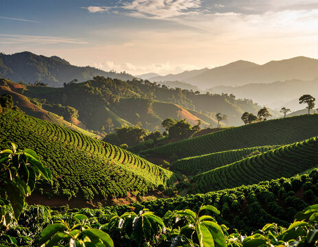 Lush coffee plantations cover the highlands, showcasing the agricultural landscape and coffee production.