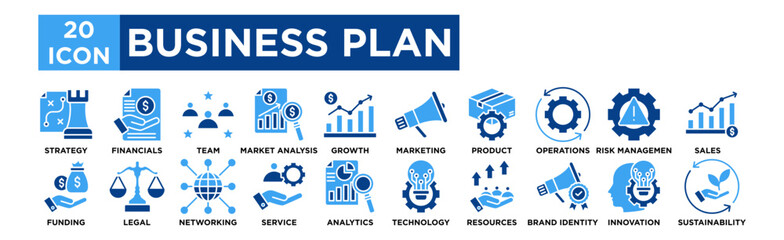 Business plan icon collection set. Strategy, Financials, Team, Market Analysis, Growth