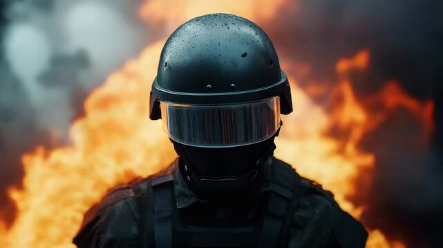 Soldier wearing black uniform tactical helmet and protective equipment with visor stands in front of large fiery explosion and fire with intense flames, danger and dramatic atmosphere